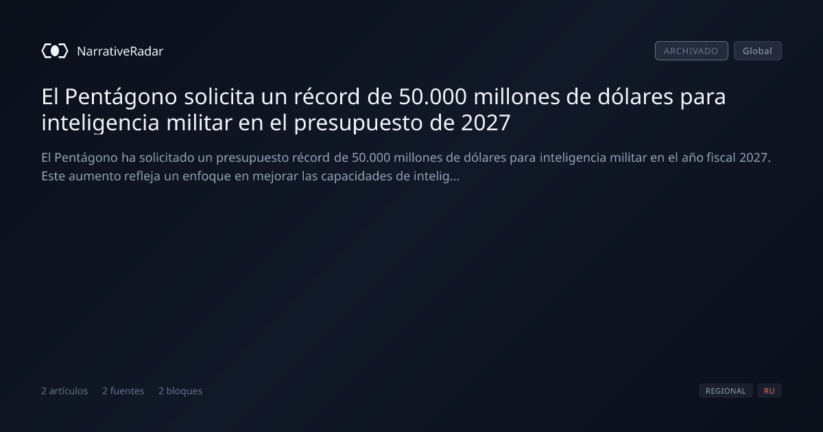 El Pentágono solicita un récord de 50.000 millones de dólares para inteligencia militar en el presupuesto de 2027